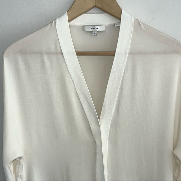 VINCE V-Neck Rib Trim Silk Blouse in Off White - Picture 7 of 13